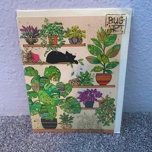 Card with plants and cute black cat